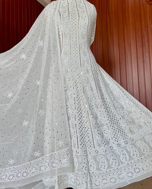 White allover Chikankari and heavy mukaish anarkali with dupatta