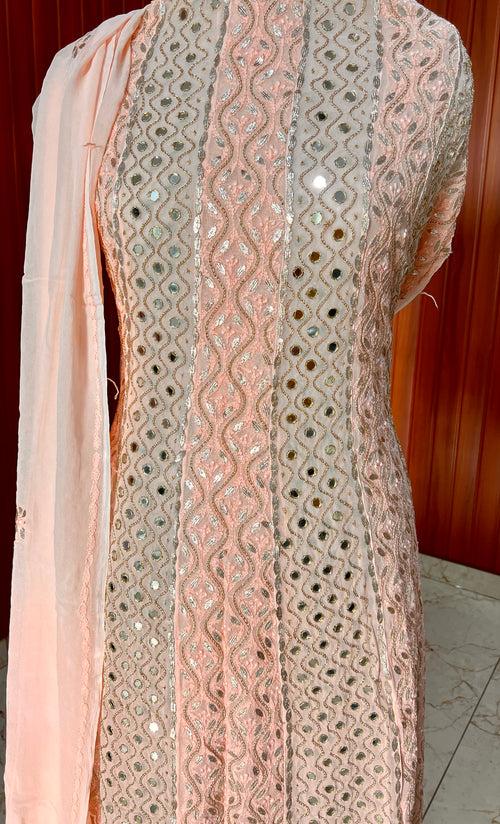 Peach Chikankari Mirror Gota Patti Anarkali with Dupatta