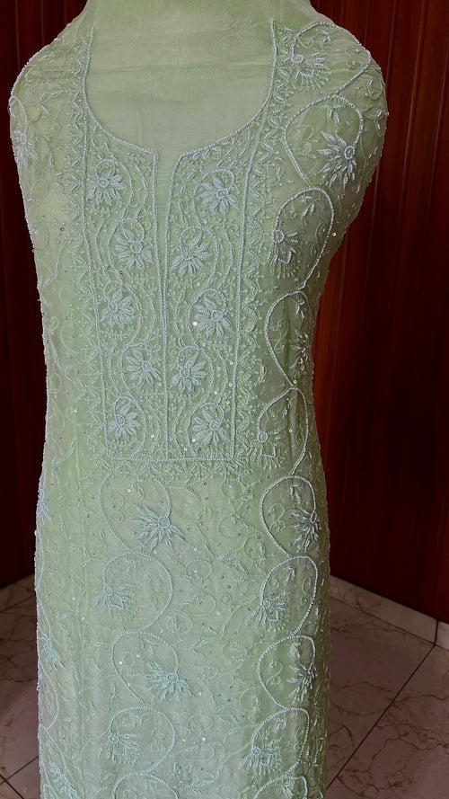 Lime green Chikankari and pearl work Organza kurta with dupatta