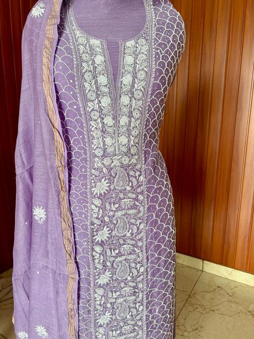 Purple Mulmul fine Chikankari & pearl work kurta & dupatta set