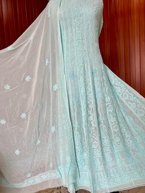 Sea Green Chikankari Pearl Cut Dana Embroidered Anarkali with Dupatta