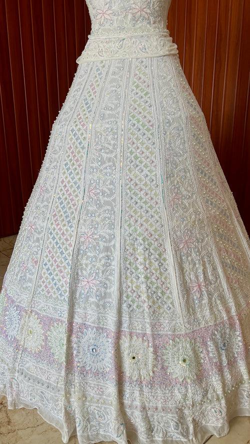 Ruhani Ivory Chikankari Mirror Multicolored Cut Dana Sequins Wedding Lehenga