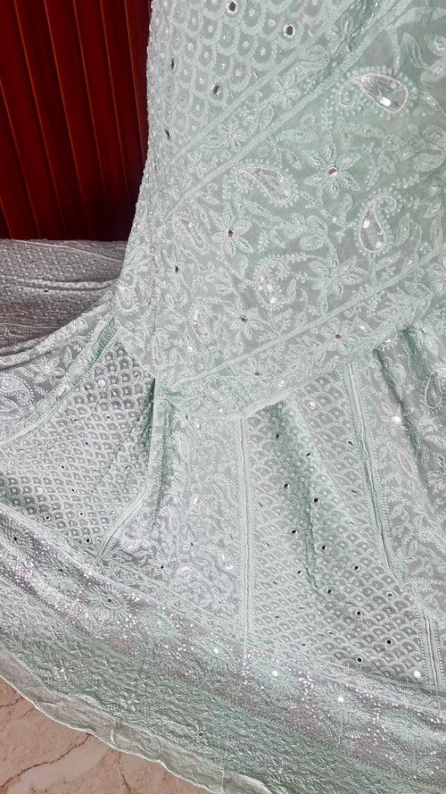 Mint Green Chikankari Pearl  and Sequins Wedding Lehenga