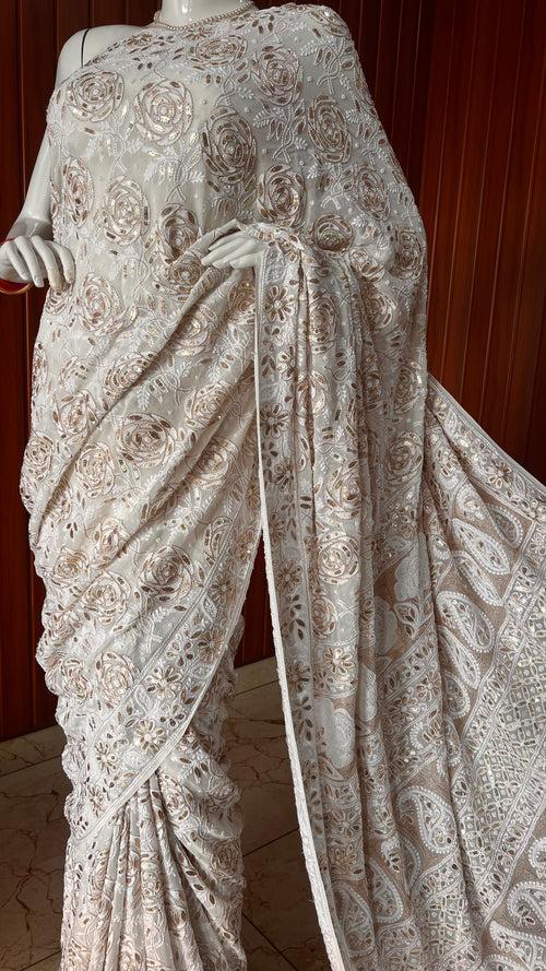 Ruhani Chikankari Saree with Gota Patti Sequins Pearl and Aari Embroidery