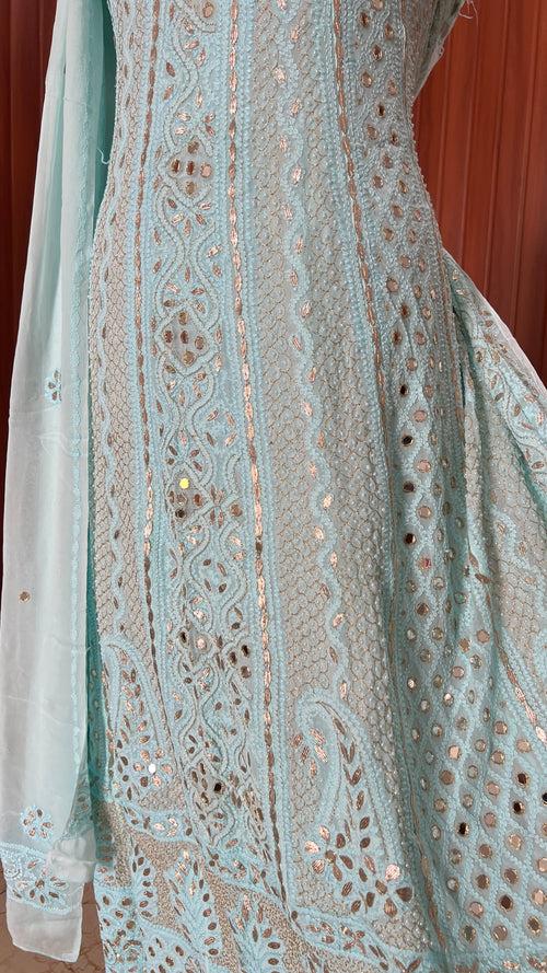 Light Firozi Chikankari Mirror Gota Patti Peal Anarkali with Dupatta