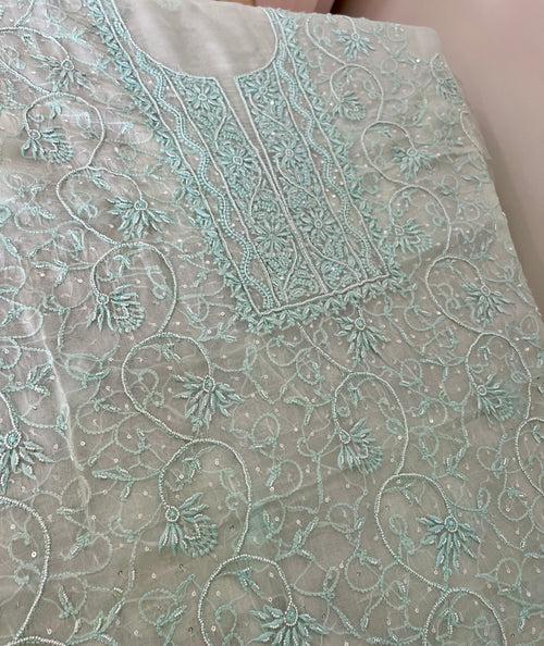 Light firozi Chikankari and pearl work Organza kurta with dupatta