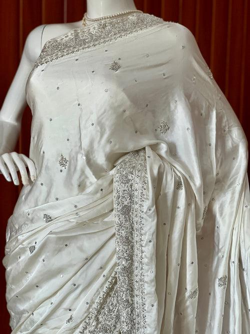 Ruhani Ivory Hand Embroidered Zardozi Pure Satin Crepe Saree