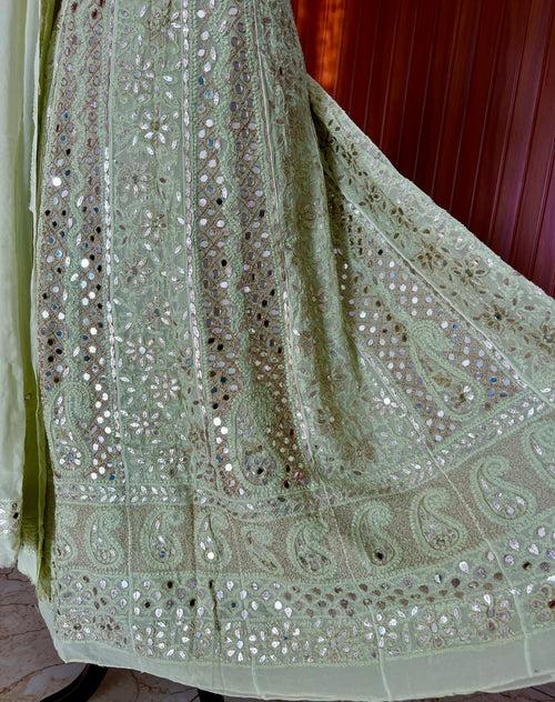 Lime Green Chikankari Mirror Gota Patti Anarkali with Dupatta