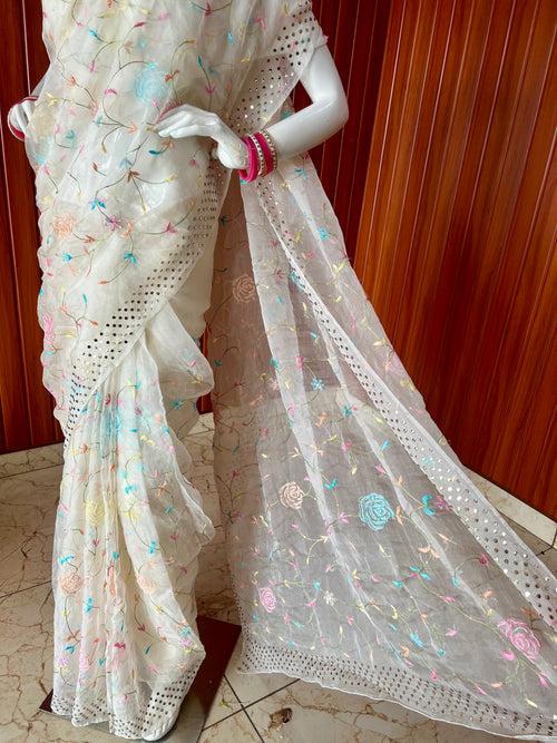 Ivory Pure Organza Saree with Allover Resham embroidery and mukaish border