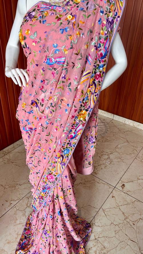 Blush Pink Masterpiece Parsi Gara Pure Georgette Saree