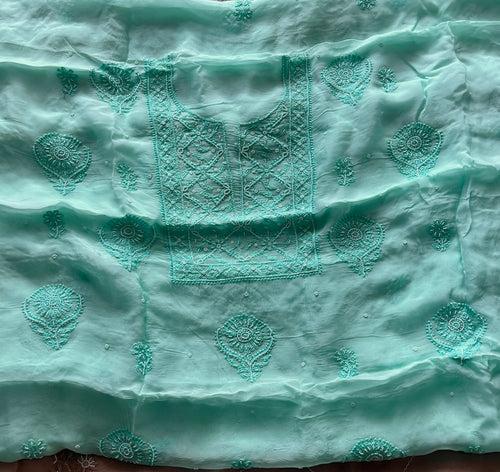 Sea green Chikankari and pearl work Organza kurta with dupatta