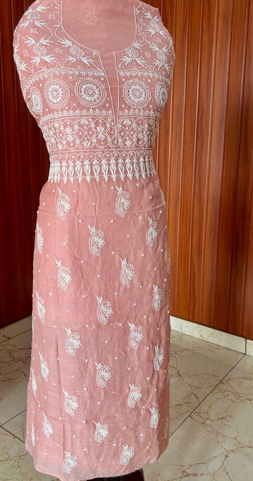 Salmon pink Mulmul fine Chikankari kurta & dupatta set