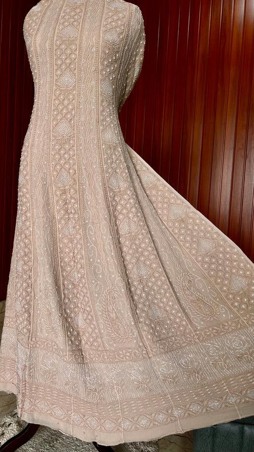 Beige Chikankari Pearl Cut Dana Sequins Embroidered Anarkali with Dupatta