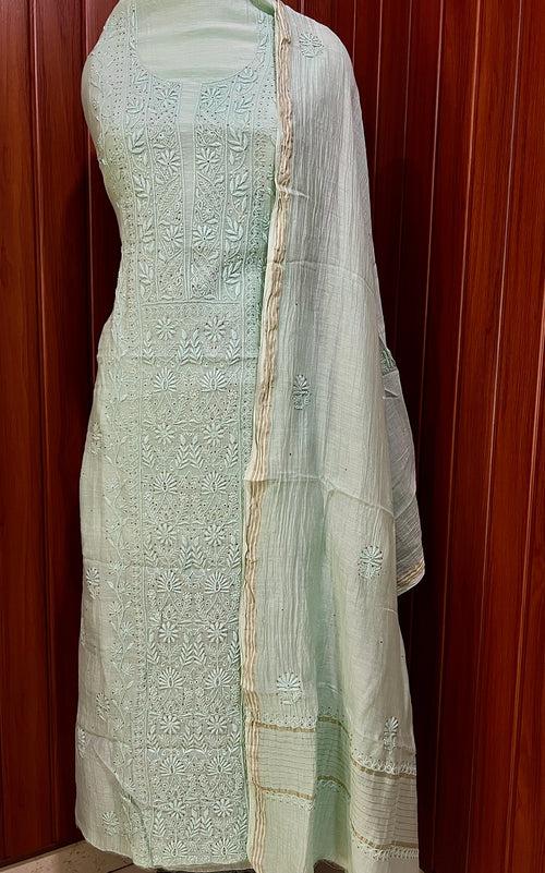 Pastel green Mulmul fine Chikankari kurta & dupatta set