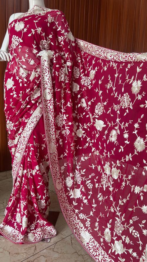 Crimson Parsi Gara Hand Embroidered Saree