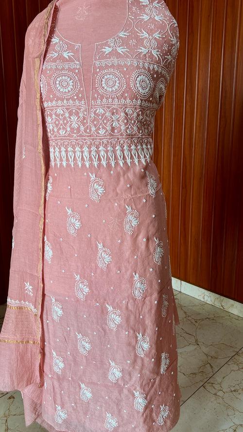 Salmon pink Mulmul fine Chikankari kurta & dupatta set