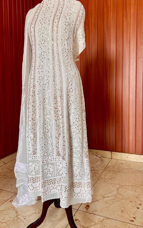 White allover Chikankari and heavy mukaish anarkali with dupatta