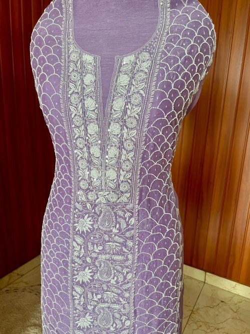 Purple Mulmul fine Chikankari & pearl work kurta & dupatta set