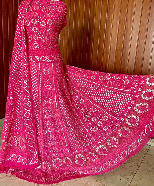 Hot Pink Chikankari and Gota Patti Georgette Lehenga Set