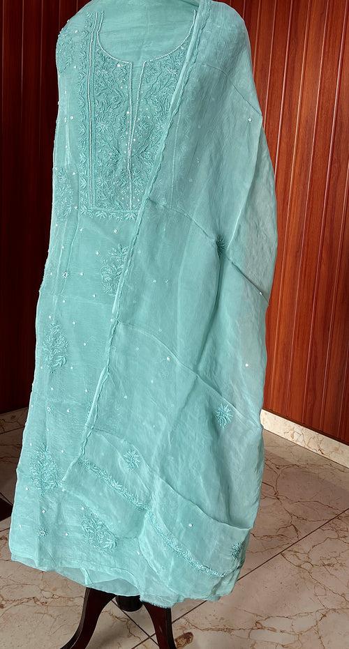 Ocean blue Chikankari and pearl work Organza kurta with dupatta