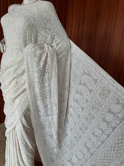 Ruhani Ivory Chikankari Cut Dana and Sequins Masterpiece Saree