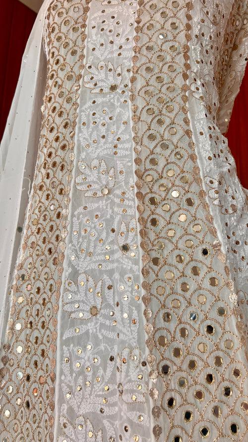 White Chikankari Mukaish Mirror and Gota Patti Anarkali with Dupatta