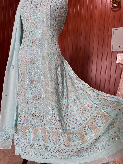 Light Firozi Chikankari Mirror Gota Patti Peal Anarkali with Dupatta