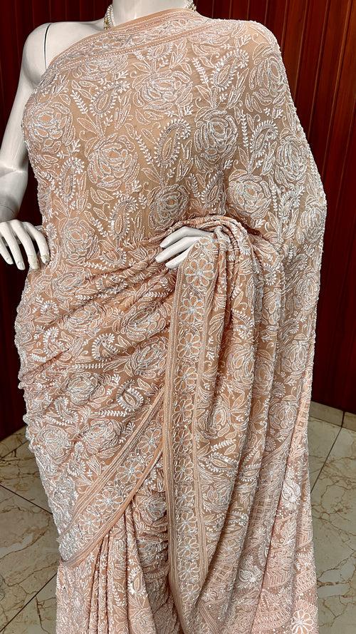 Ruhani  Old Rose Chikankari Cut Dana Pearl and Sequins Masterpiece Saree