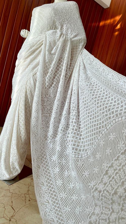 Ruhani Off White 3 taar Chikankari Hand Embroidered Saree