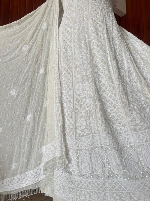 Ruhani Off White fine Chikankari Pearl Sequins and Cut Dana Anarkali