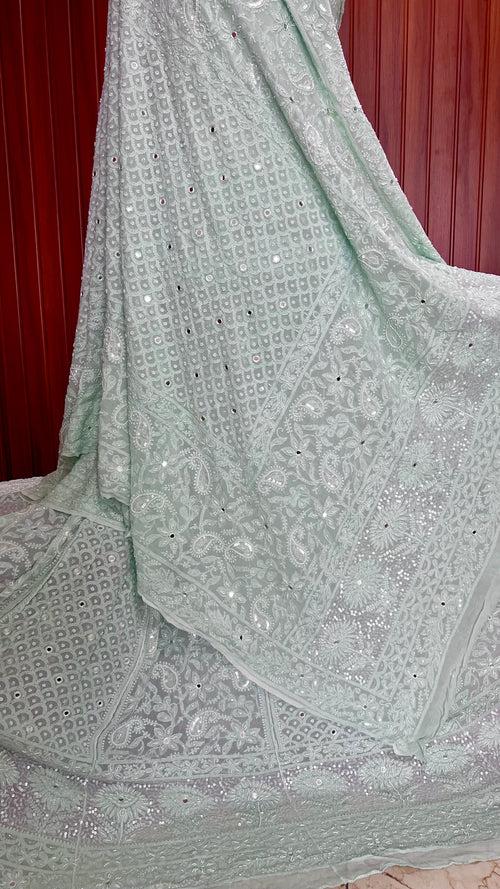 Mint Green Chikankari Pearl  and Sequins Wedding Lehenga