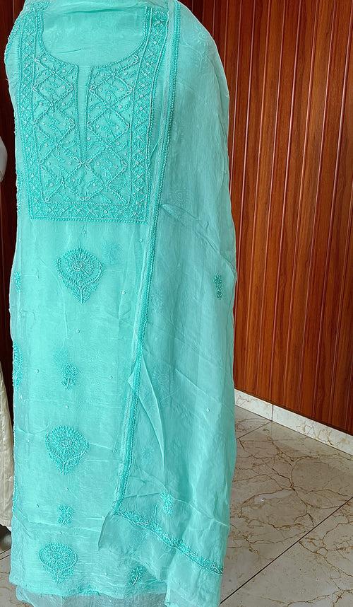 Sea green Chikankari and pearl work Organza kurta with dupatta