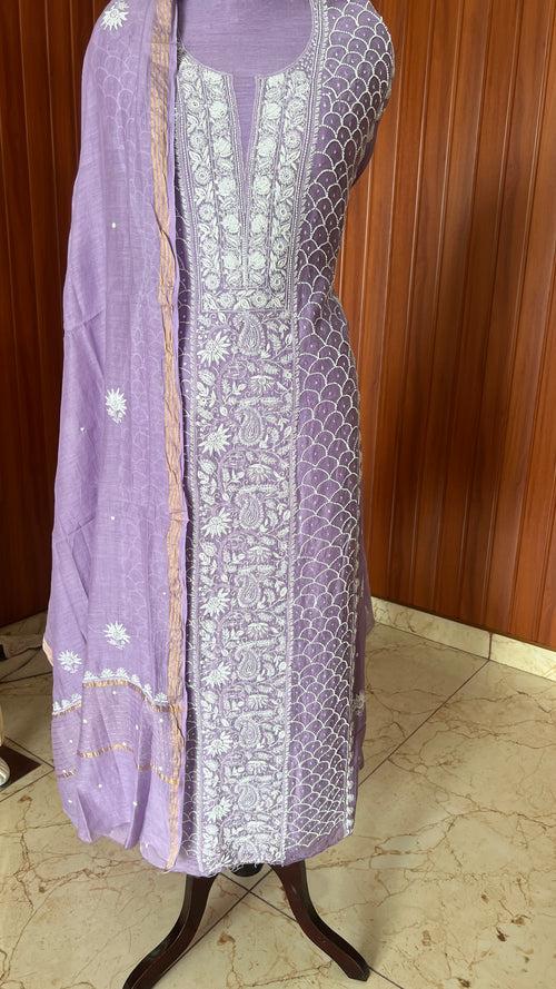 Purple Mulmul fine Chikankari & pearl work kurta & dupatta set