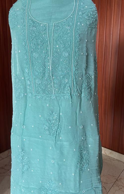 Ocean blue Chikankari and pearl work Organza kurta with dupatta