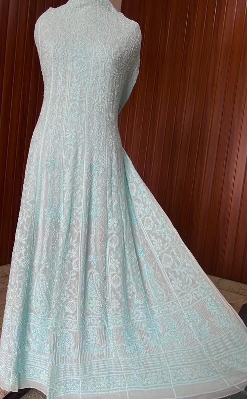 Sea Green Chikankari Pearl Cut Dana Embroidered Anarkali with Dupatta