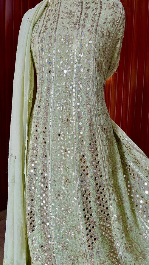 Lime Green Chikankari Mirror Gota Patti Anarkali with Dupatta