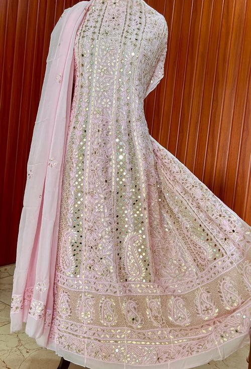 Pink Chikankari Mirror Gota Patti Anarkali with Dupatta