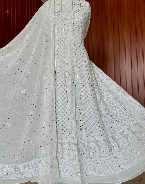 White allover Chikankari and heavy mukaish anarkali with dupatta