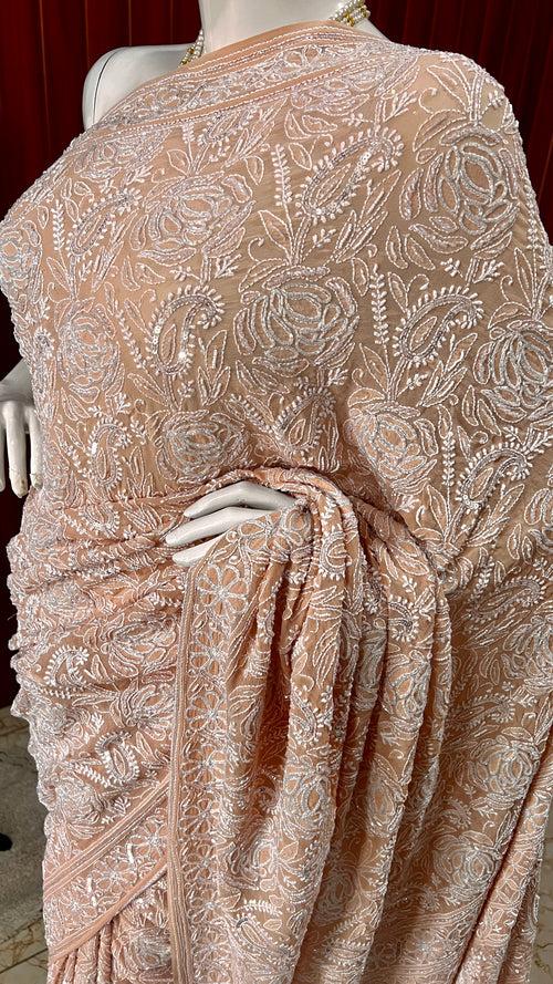 Ruhani  Old Rose Chikankari Cut Dana Pearl and Sequins Masterpiece Saree