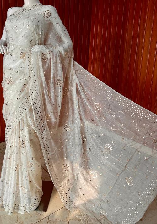 Ruhani Ivory Pure Organza Saree with Allover Badla and Mukaish Work