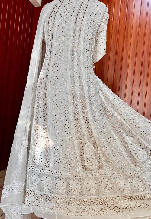 White allover Chikankari and heavy mukaish anarkali with dupatta