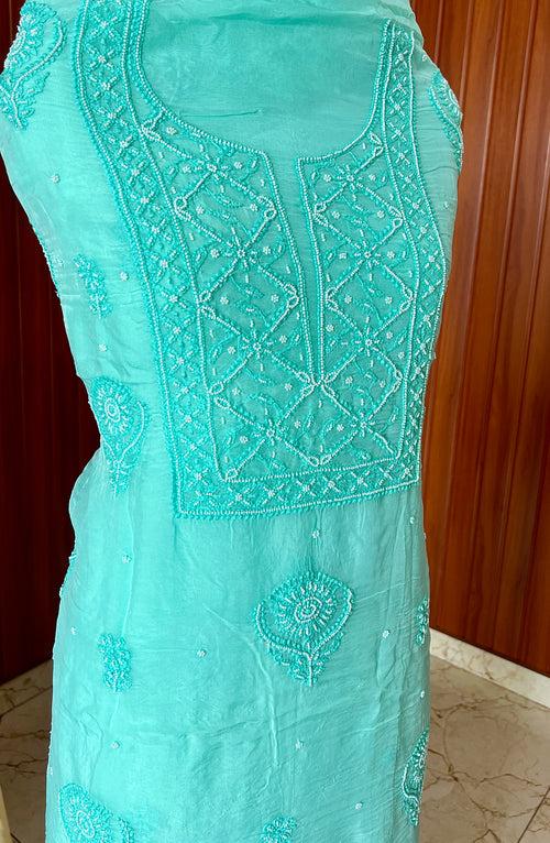 Sea green Chikankari and pearl work Organza kurta with dupatta