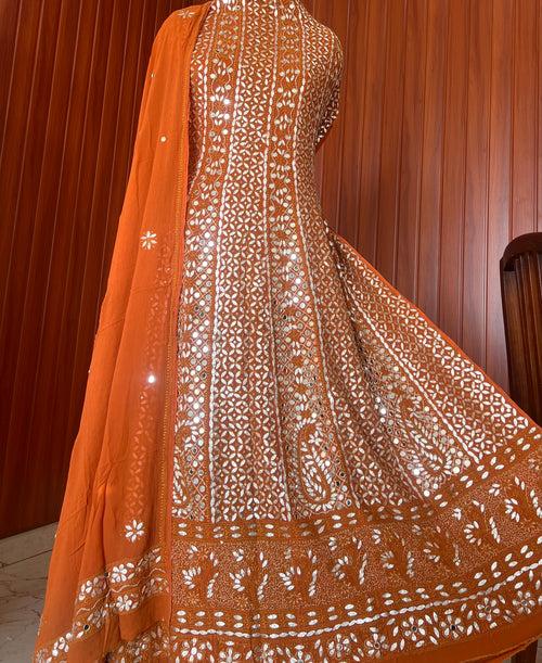 Rust Orange Chikankari Mirror Gota Sequins Work Anarkali with Dupatta