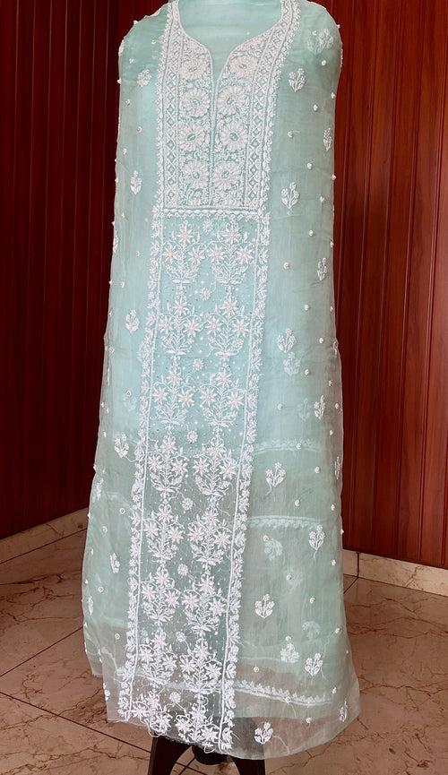 Sea Green Chikankari and pearl work pure Organza kurta with dupatta