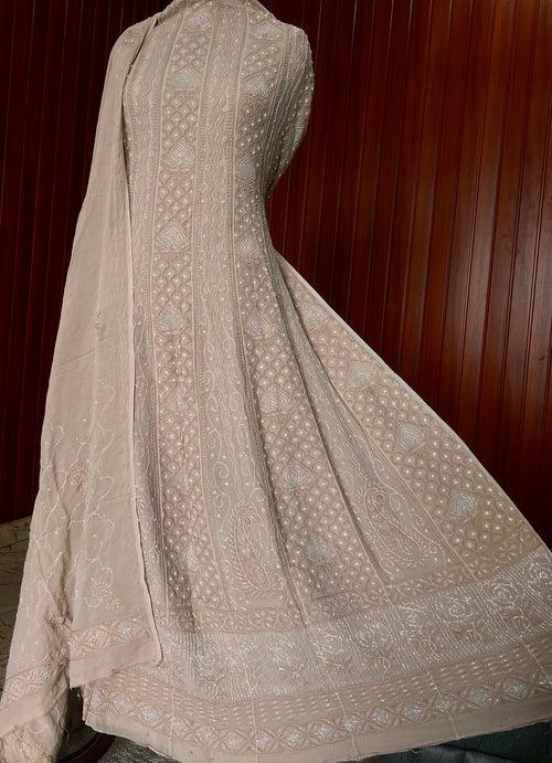 Beige Chikankari Pearl Cut Dana Sequins Embroidered Anarkali with Dupatta