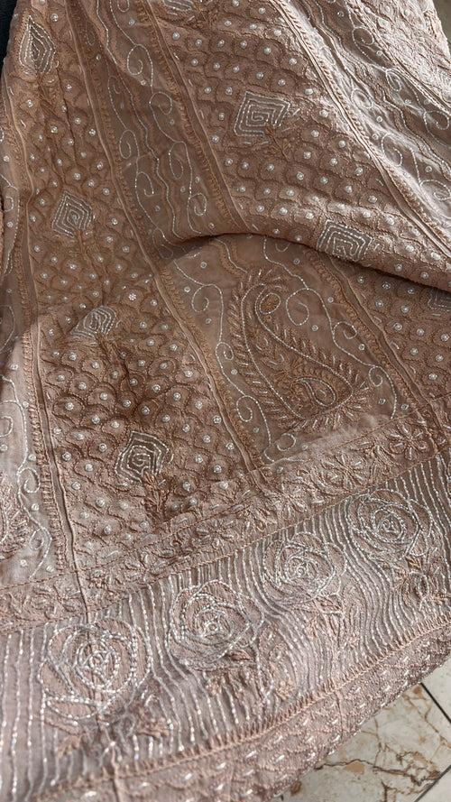 Beige Chikankari Pearl Cut Dana Sequins Embroidered Anarkali with Dupatta