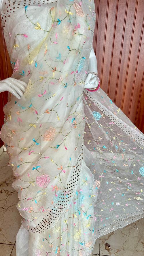 Ivory Pure Organza Saree with Allover Resham embroidery and mukaish border