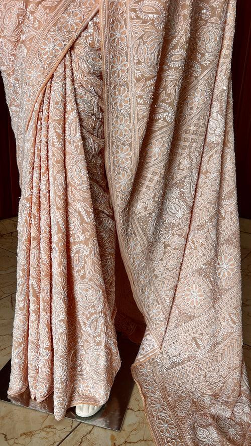 Ruhani  Old Rose Chikankari Cut Dana Pearl and Sequins Masterpiece Saree