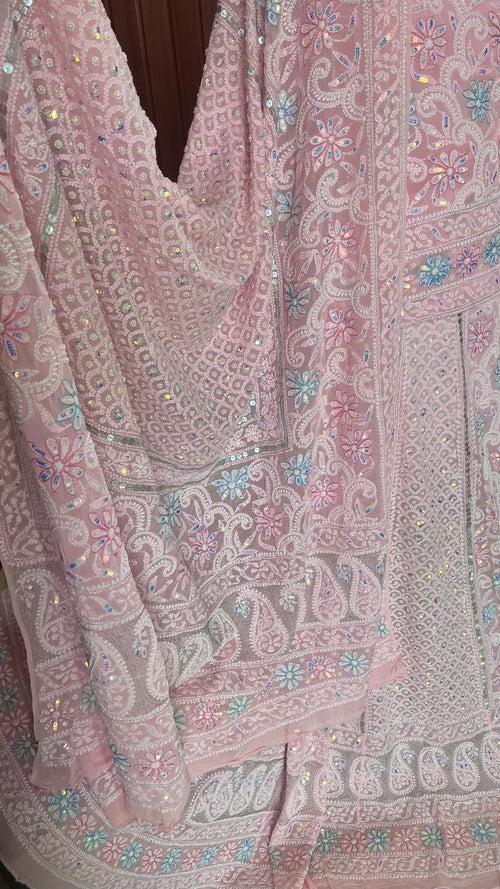 Peachy Pink Ruhani Chikankari Pearl Sequins Gota and Multicolored Aari Work Wedding Lehenga