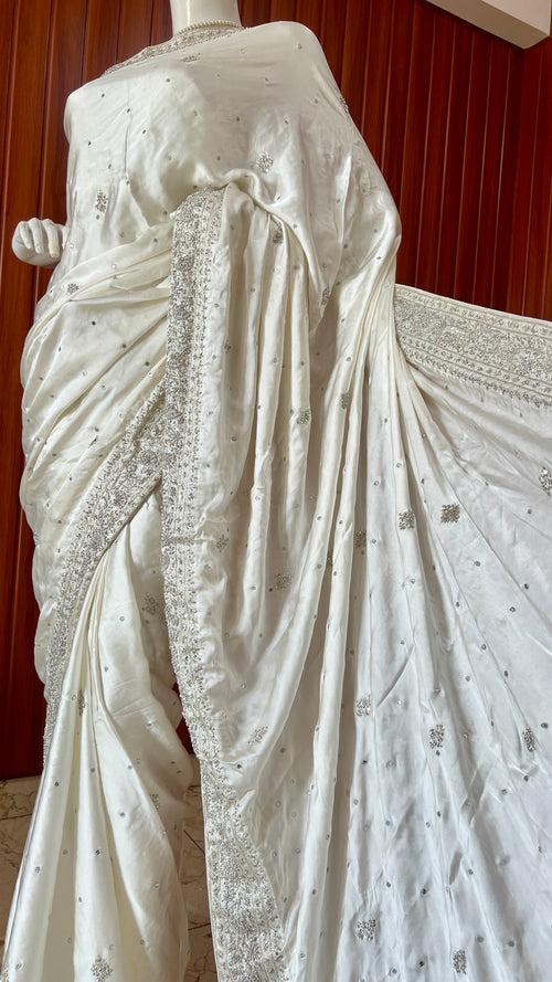 Ruhani Ivory Hand Embroidered Zardozi Pure Satin Crepe Saree